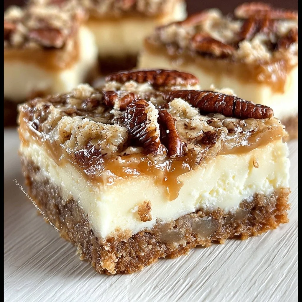 Delicious pecan pie cheesecake bars topped with pecans and caramel