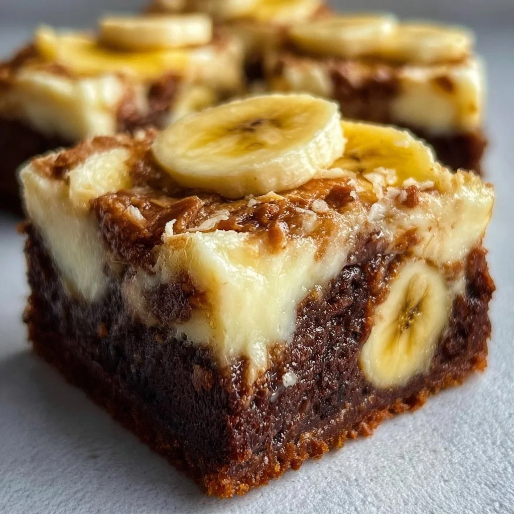 Delicious banana pudding brownies topped with whipped cream and banana slices.