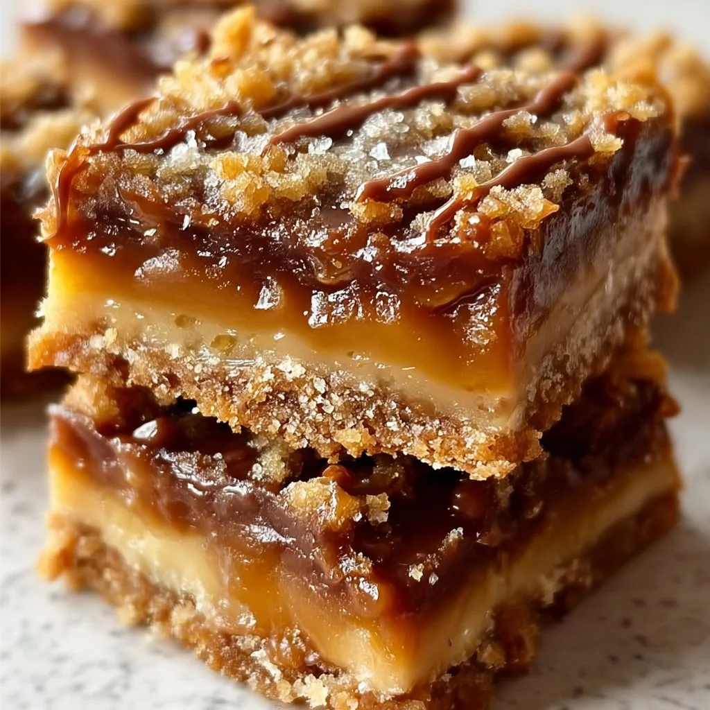 Delicious Caramel Crush Bars dessert drizzled with caramel sauce.
