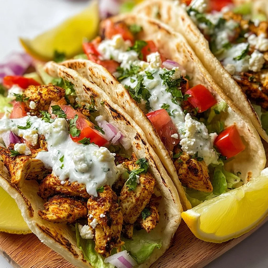 Delicious Mediterranean chicken tacos topped with fresh vegetables and herbs