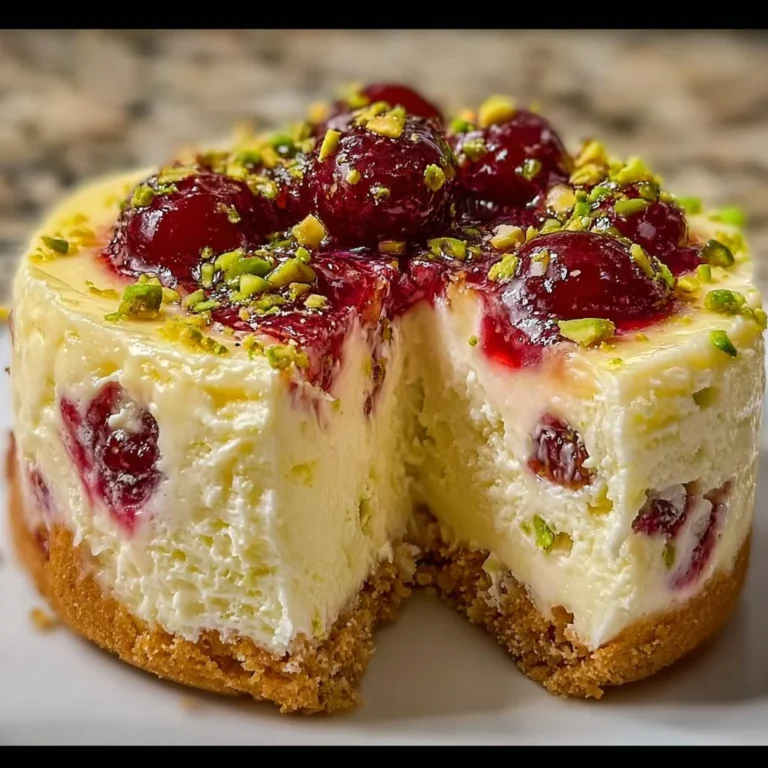 Delicious lemon-lime cherry pistachio cheesecake topped with vibrant fruit.