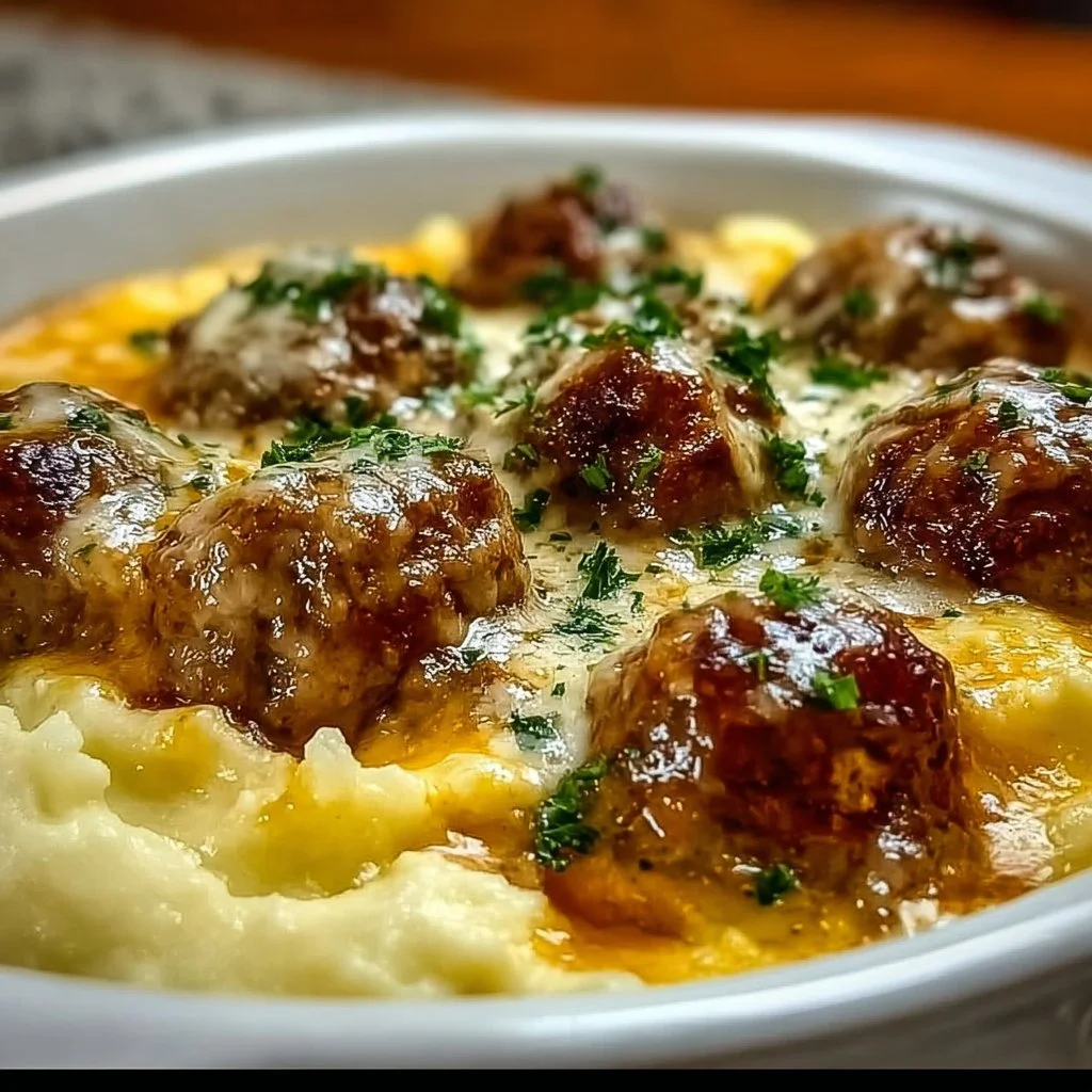 Delicious Meatball & Mashed Potato Bake served on a plate with herbs.