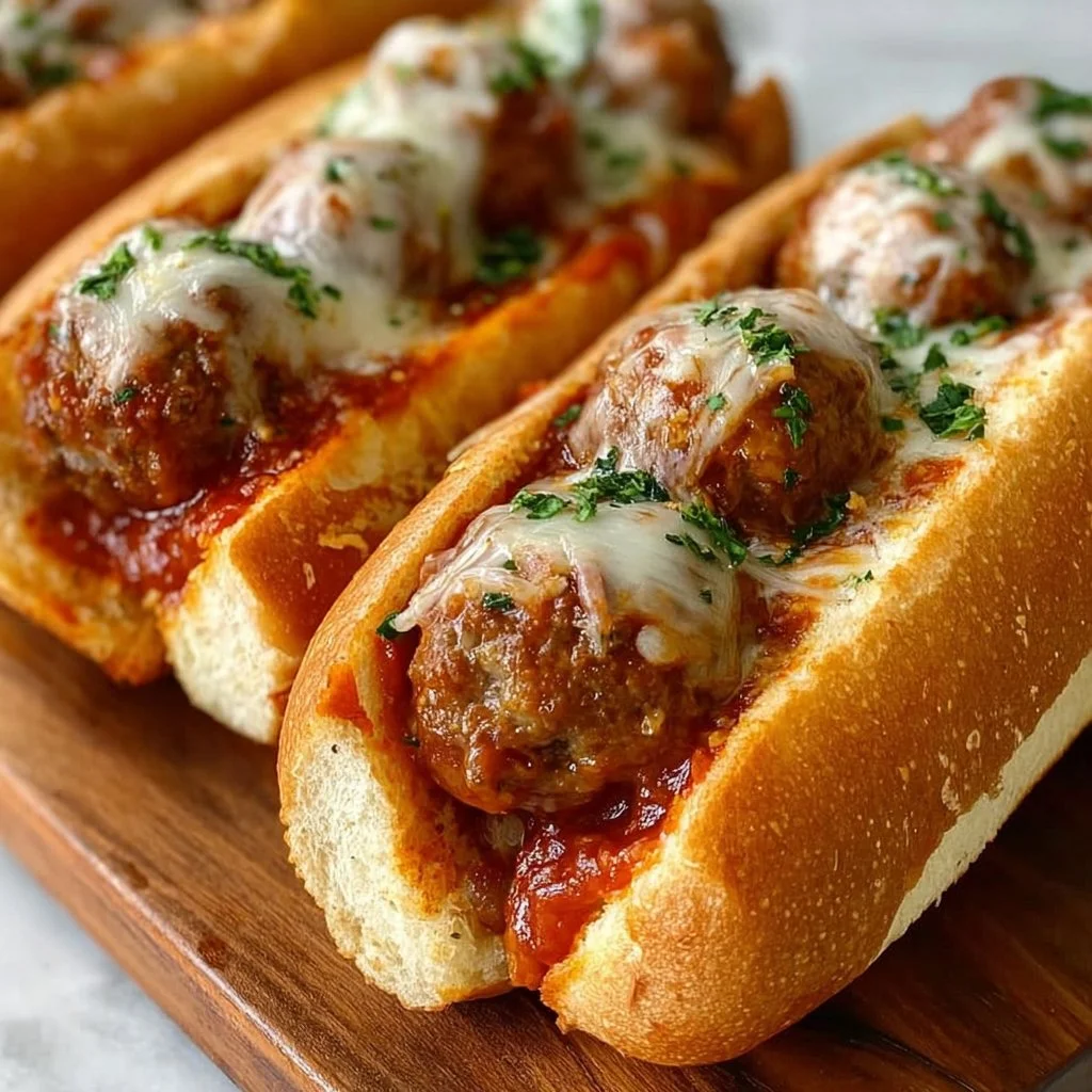 Homemade Meatball Subs generously filled with saucy meatballs and melted cheese.