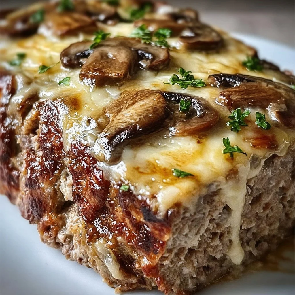 Mushroom Swiss Cheese Meatloaf served on a plate with garnish