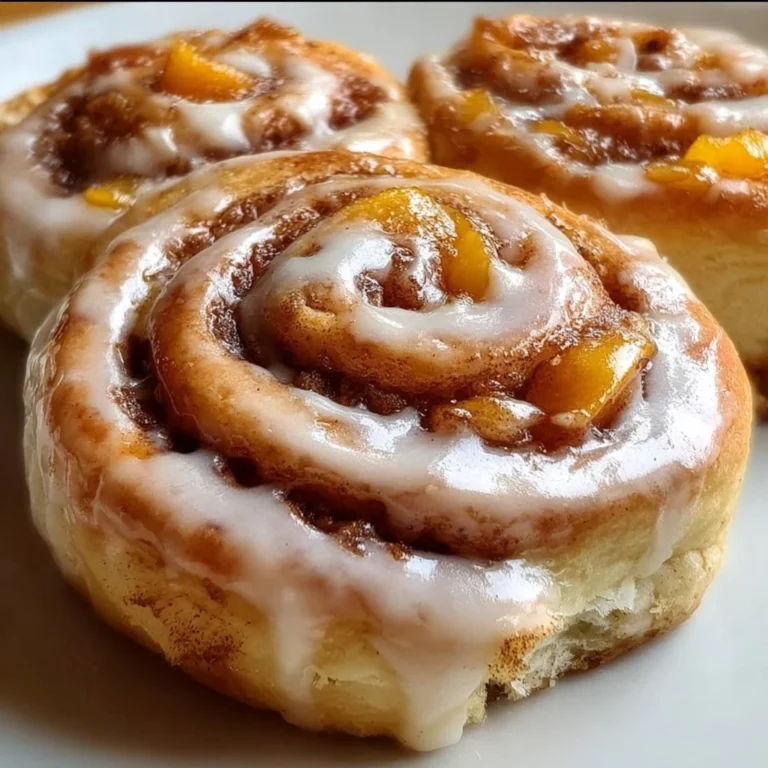 Delicious Peach Pie Cinnamon Rolls freshly baked and drizzled with icing.
