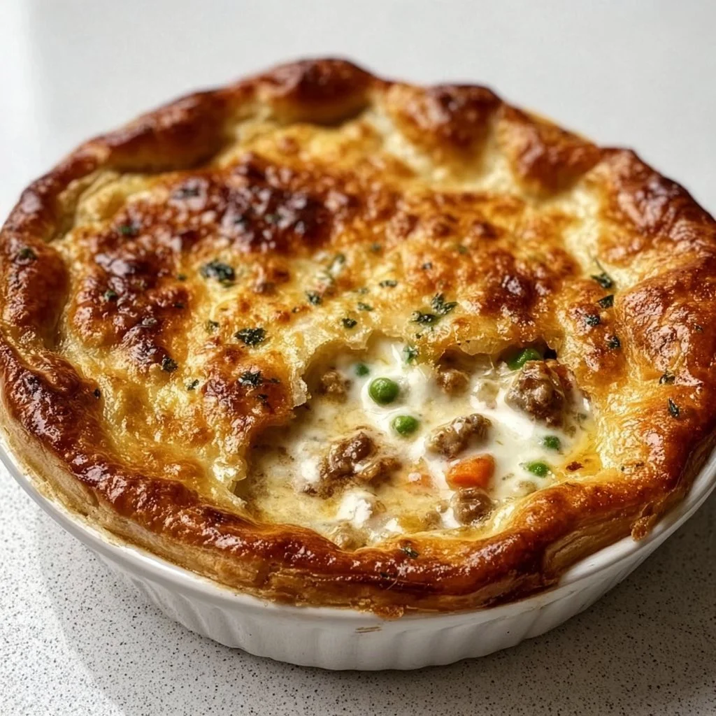 Delicious Pizza Pot Pie filled with cheese, pepperoni, and fresh vegetables.