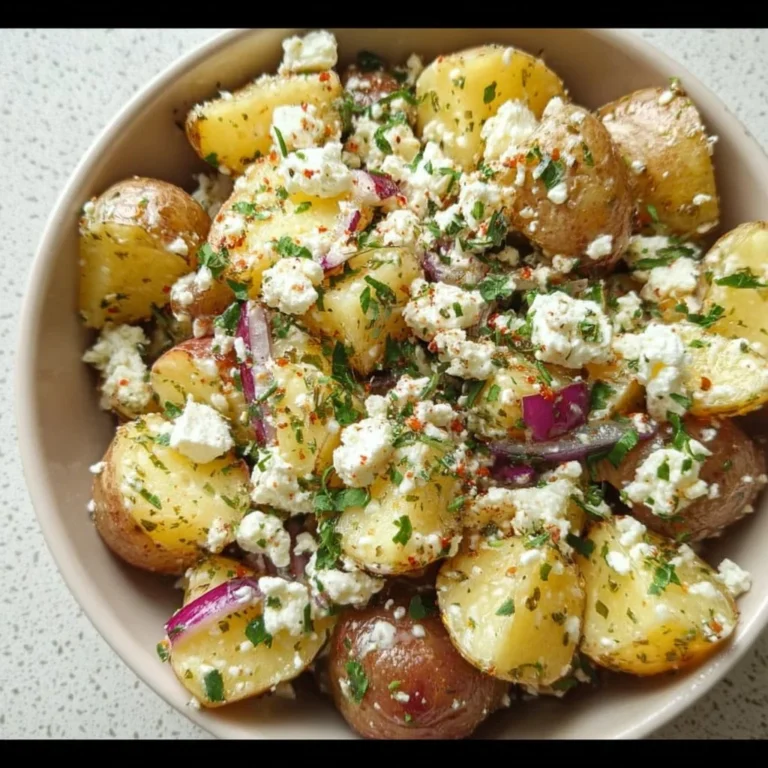 Delicious potato and feta salad served in a bowl with fresh herbs