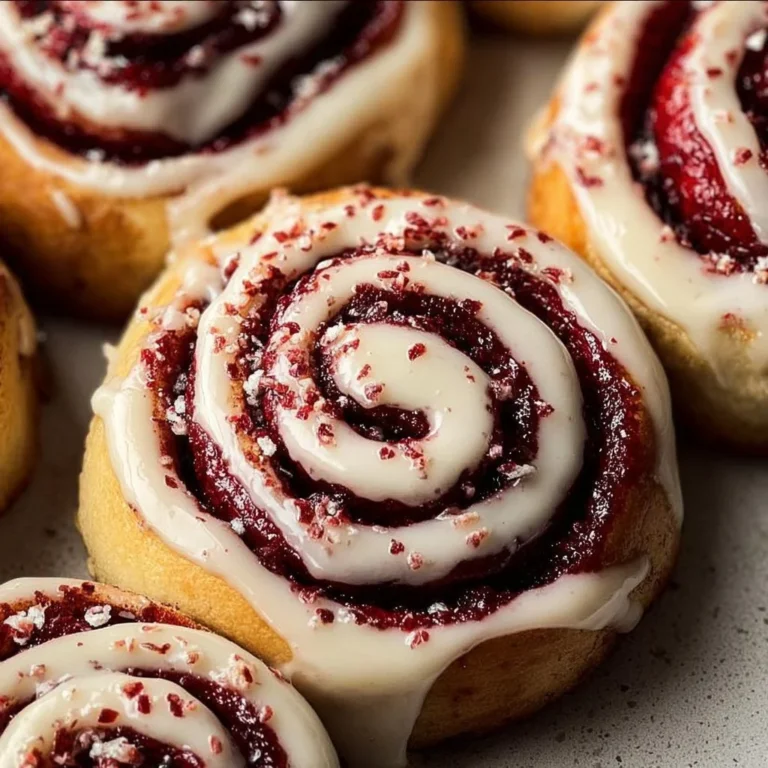 Red velvet cinnamon rolls topped with cream cheese frosting