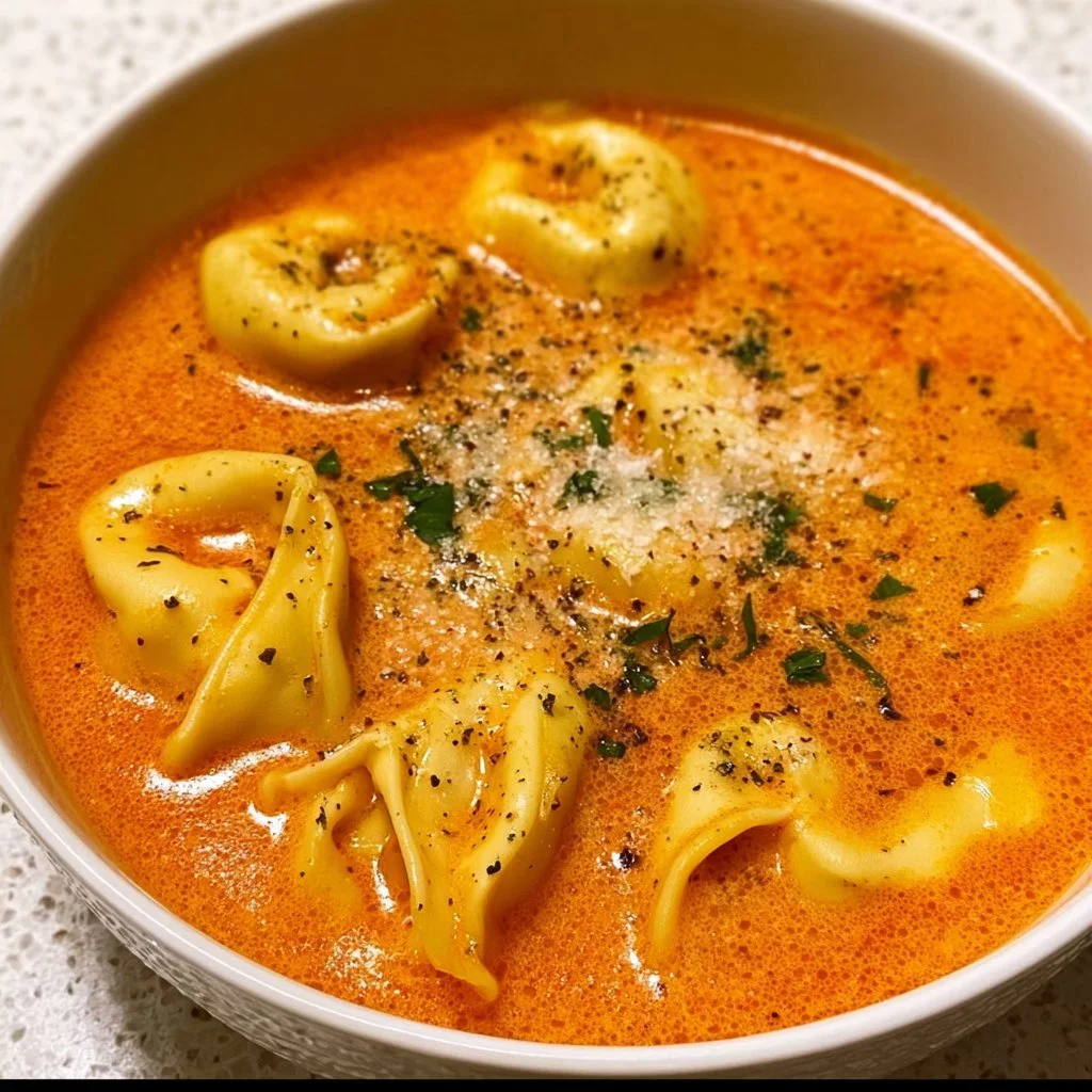 Bowl of rich tomato tortellini soup topped with fresh basil