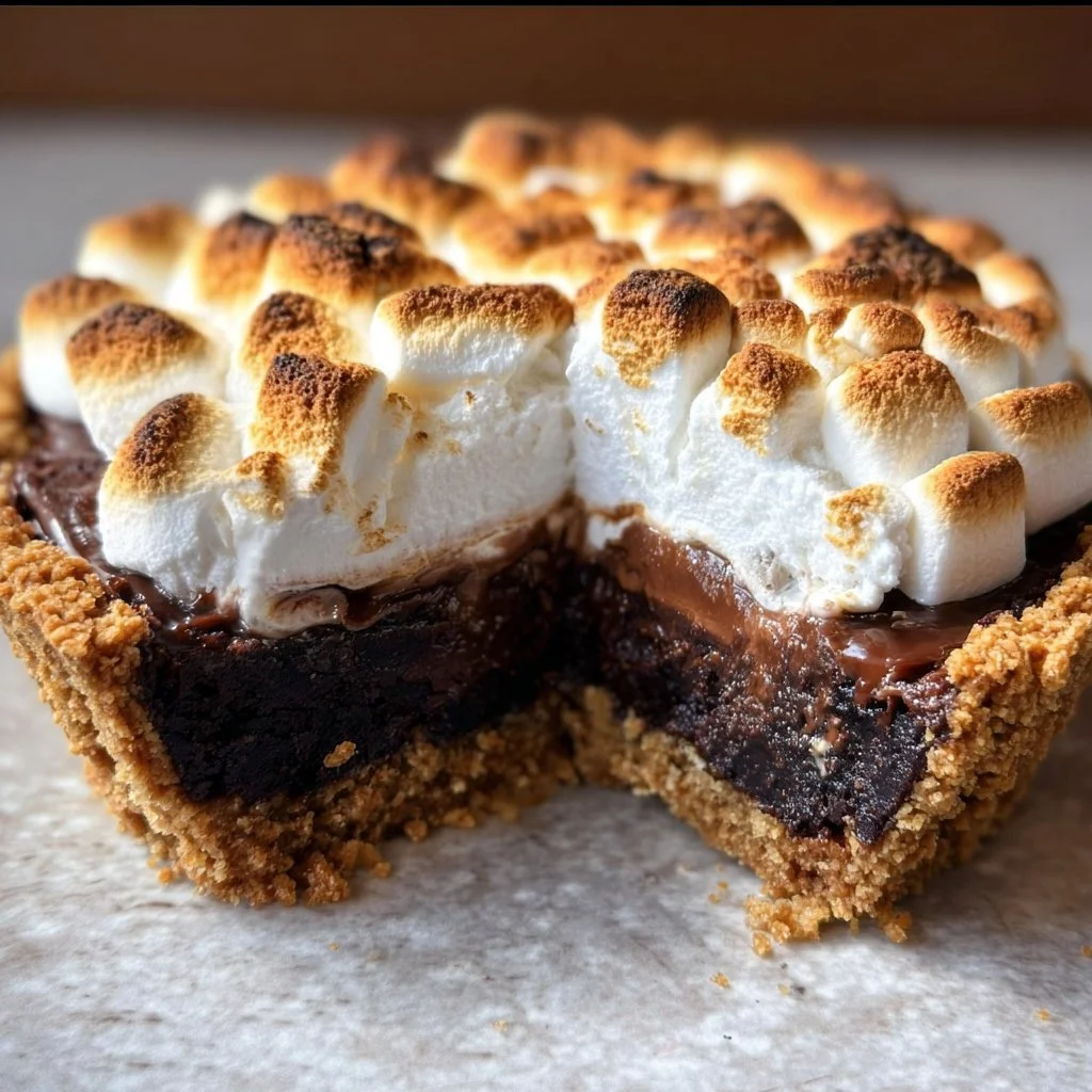 Delicious S'mores Brownie Pie topped with marshmallows and chocolate