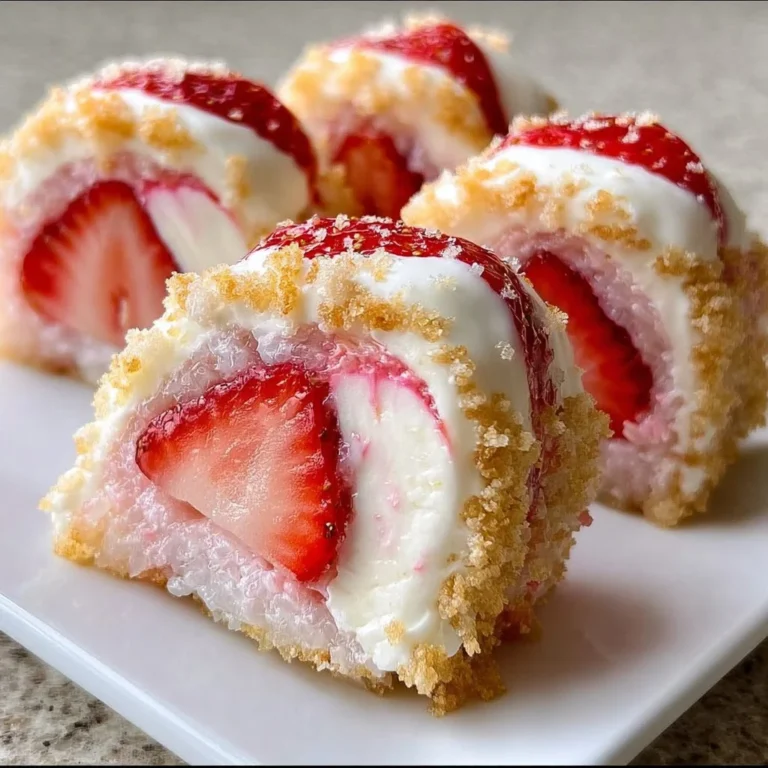 Strawberry shortcake cheesecake dessert sushi rolls on a plate