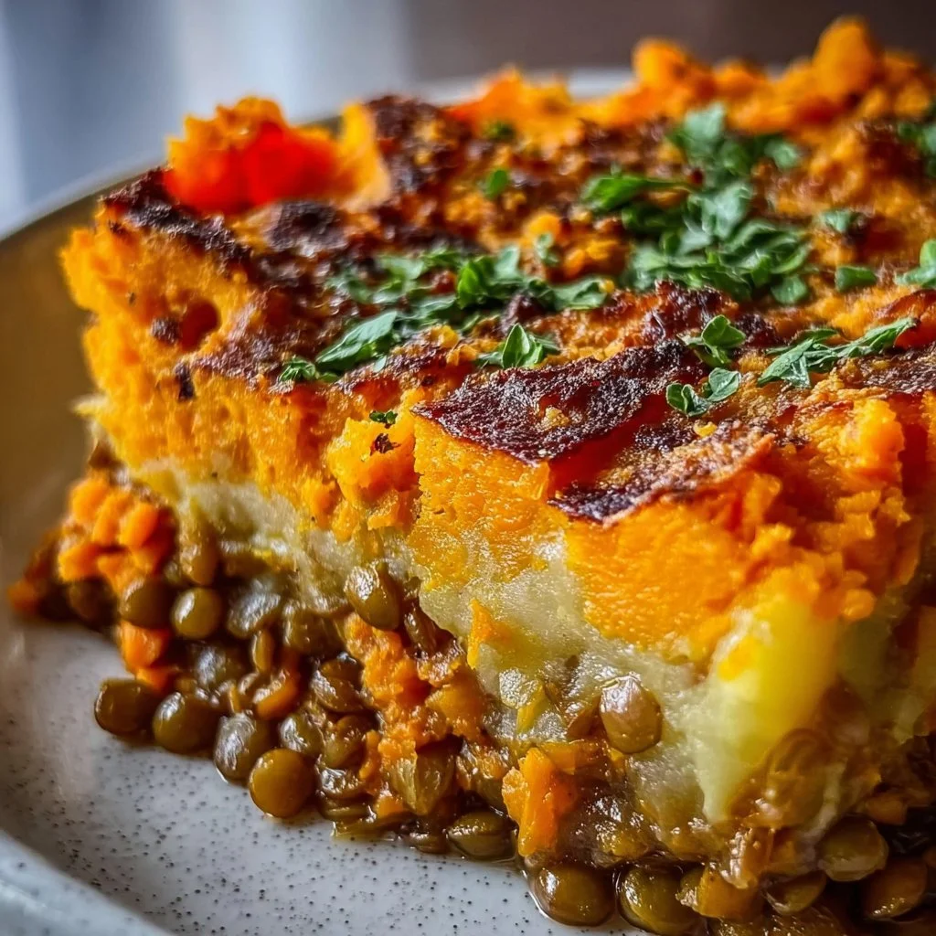 Delicious Sweet Potato and Lentil Shepherd's Pie in a cozy kitchen setting.